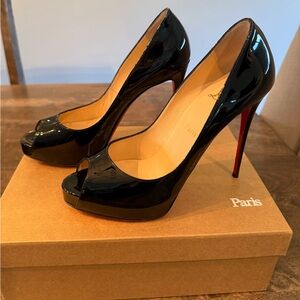 Christian Louboutin Black Patent Peep-Toe Stilettos with Red Soles